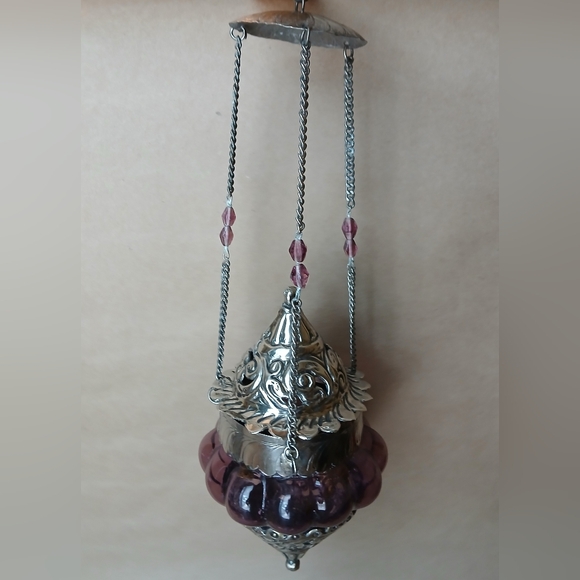 Vintage Hanging Lantern Lamp Purple And Metal 13 Inches Candle Or Incense - Picture 1 of 7